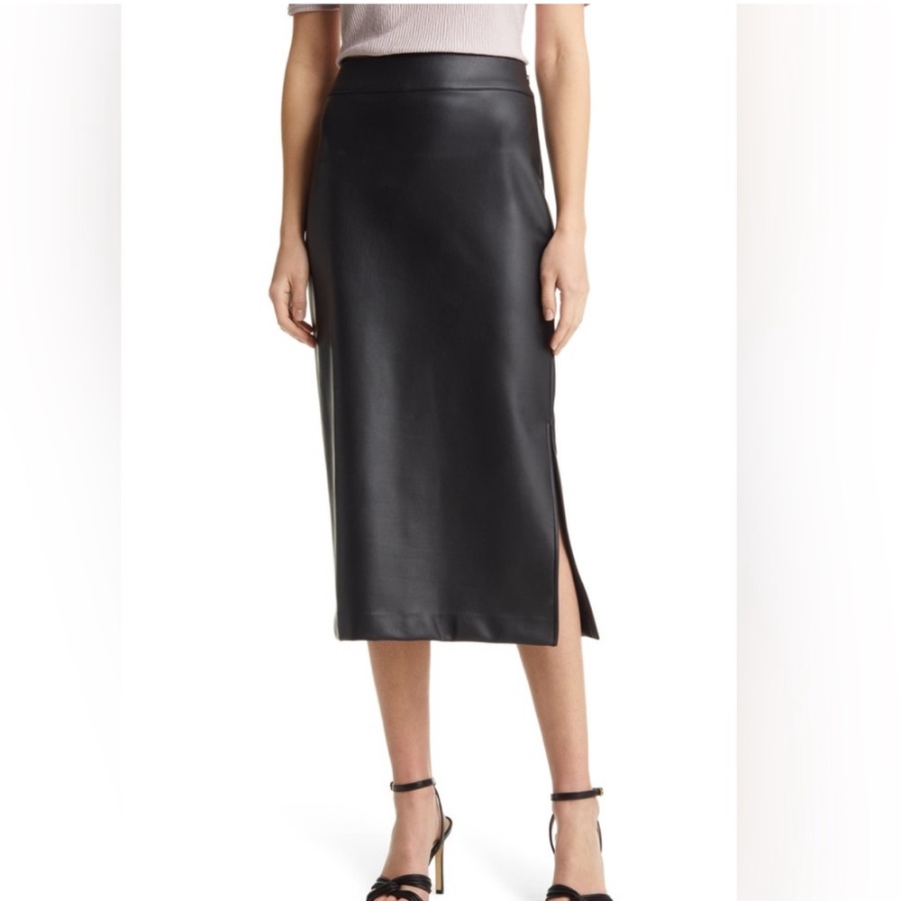 Halogen Faux Leather Black Midi Skirt, 2 - Picture 1 of 4